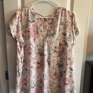 LOFT Floral V-Neck Blouse - Pink and Gray